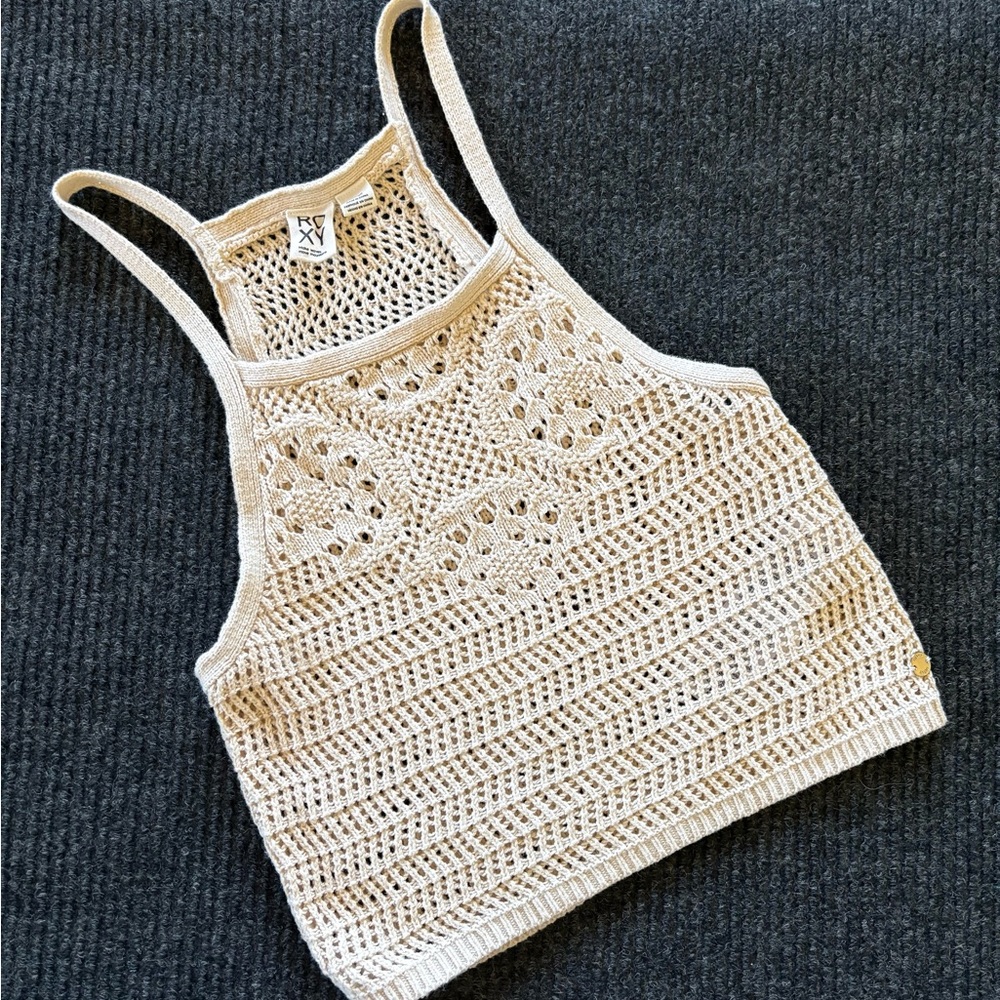 Roxy Knit Halter Neck Crop Top Women’s Small Racerback Cream Boho Tank Beach